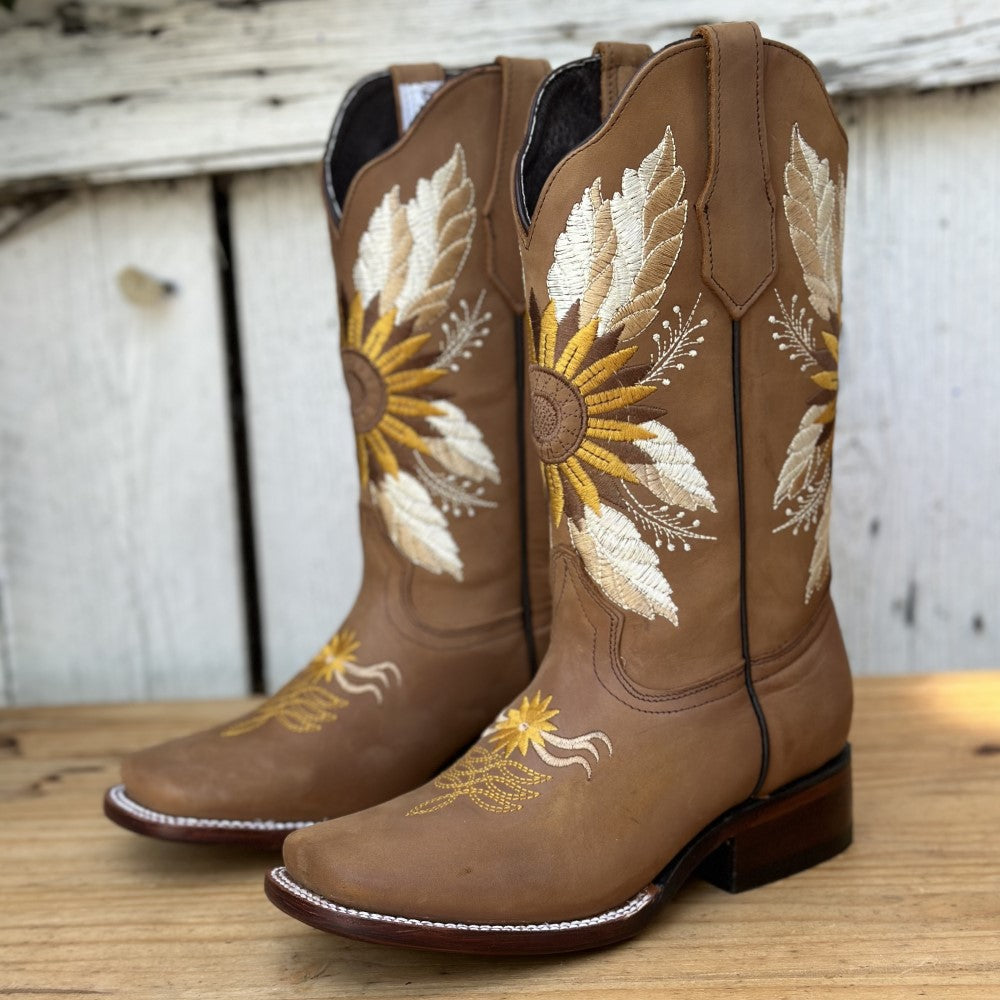 SB-Girasol Espiga Sand Embroidered Western Boots for Women
