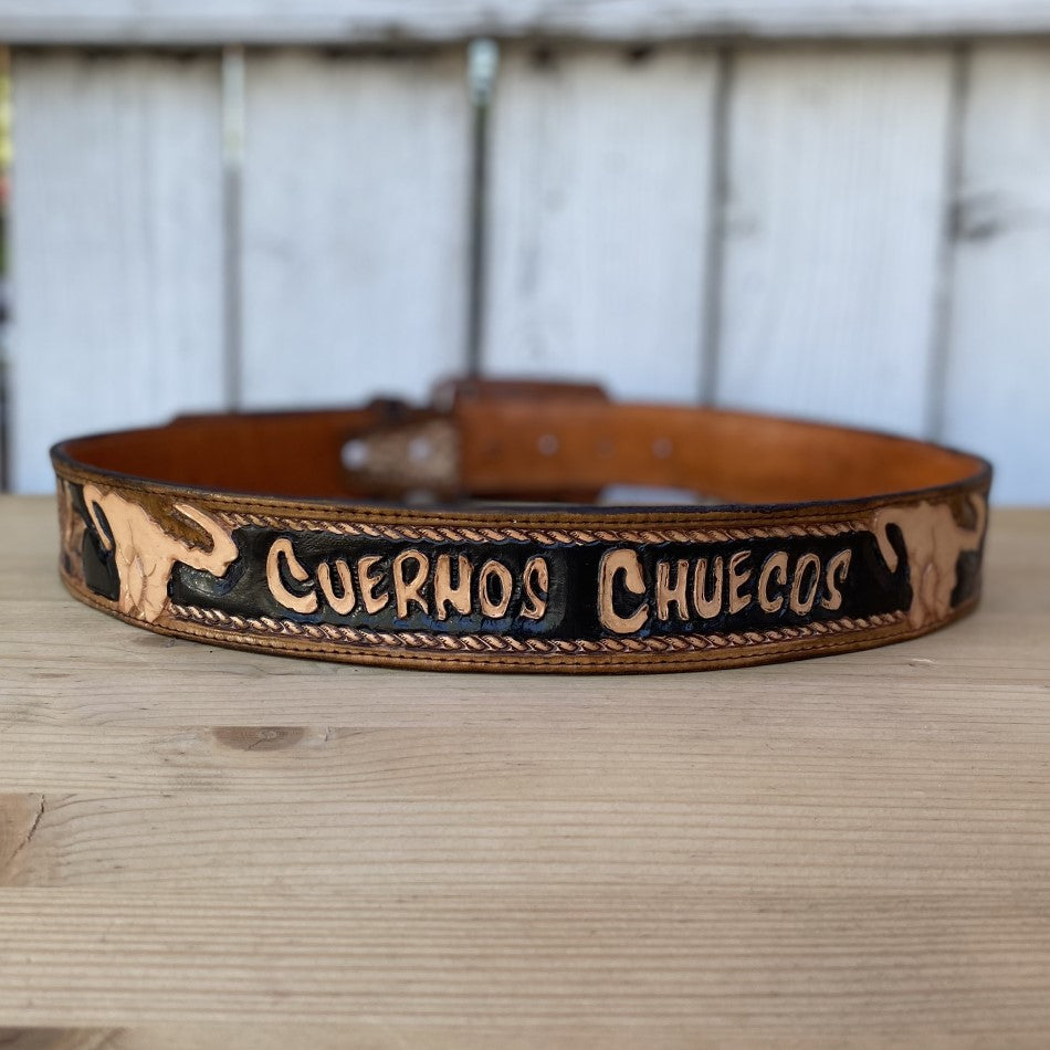 Customizable Chiseled Belt with Crooked Horns - Cowboy Belts