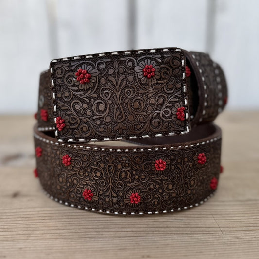 Cinturon Vaquero de Pita para Mujer Chocolate con Rojo - Cinturones Vaqueros para Mujer - Cinturon de Pita Original