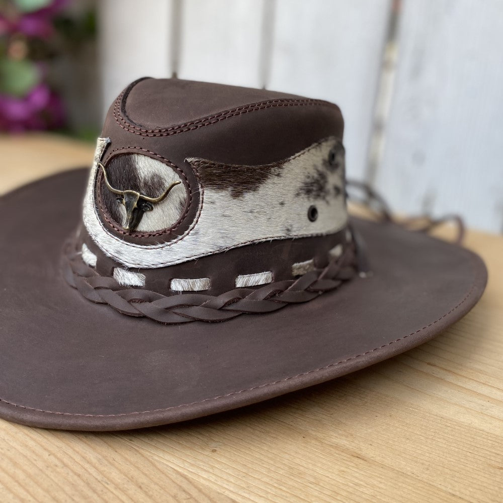 Sombrero de Cuero Cafe Oscuro con Pelo de Vaca - Sombreros de Cuero - Sombreros de Cuero para Hombre