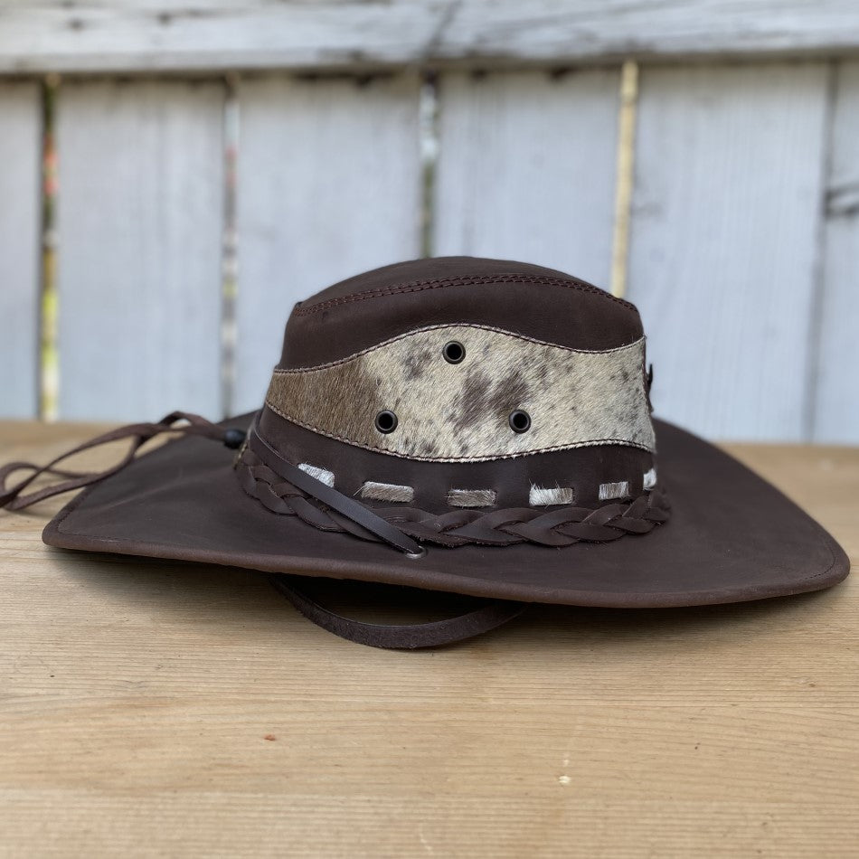 Sombrero de Cuero Cafe Oscuro con Pelo de Vaca - Sombreros de Cuero - Sombreros de Cuero para Hombre