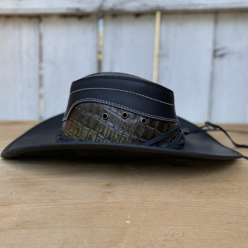 Sombrero de Cuero Negro con Cocodrilo Imitacion - Sombreros de Cuero Negro - Sombreros de Cuero para Hombre