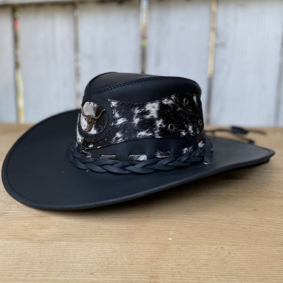 Sombrero de Cuero Negro con Pelo de Vaca - Sombreros de Cuero - Sombreros de Cuero para Hombre