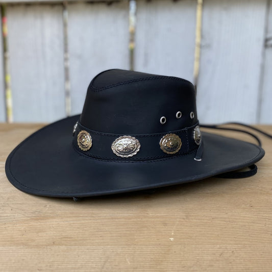 Sombrero de Cuero Negro con Conchos - Sombreros de Cuero para Hombre - Sombreros para Hombre de Cuero