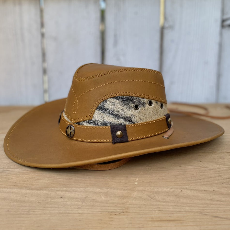 Sombrero de Cuero Tan para Hombre - Sombrero de Cuero Tan con Pelo de Vaca Original - Sombreros de Cuero