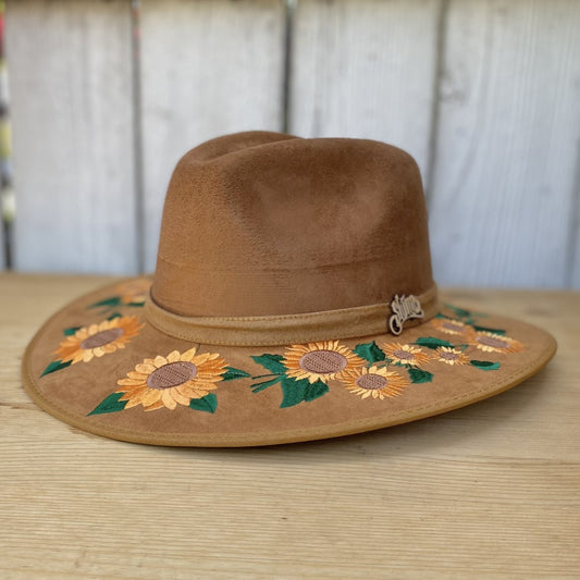 Sombrero de FIeltro para Mujer con Girasoles Tan - SOmbrero Mexicano de Fieltro para Mujer - Sombrero de Fieltro de Mexico - Sombreros de Fieltro