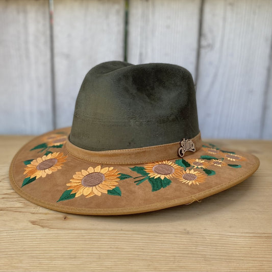 Sombreros para Mujer de Fieltro Verde Olivo - Sombrero para Mujer de Fieltro con Girasoles - Sombreros para Mujer de FIeltro