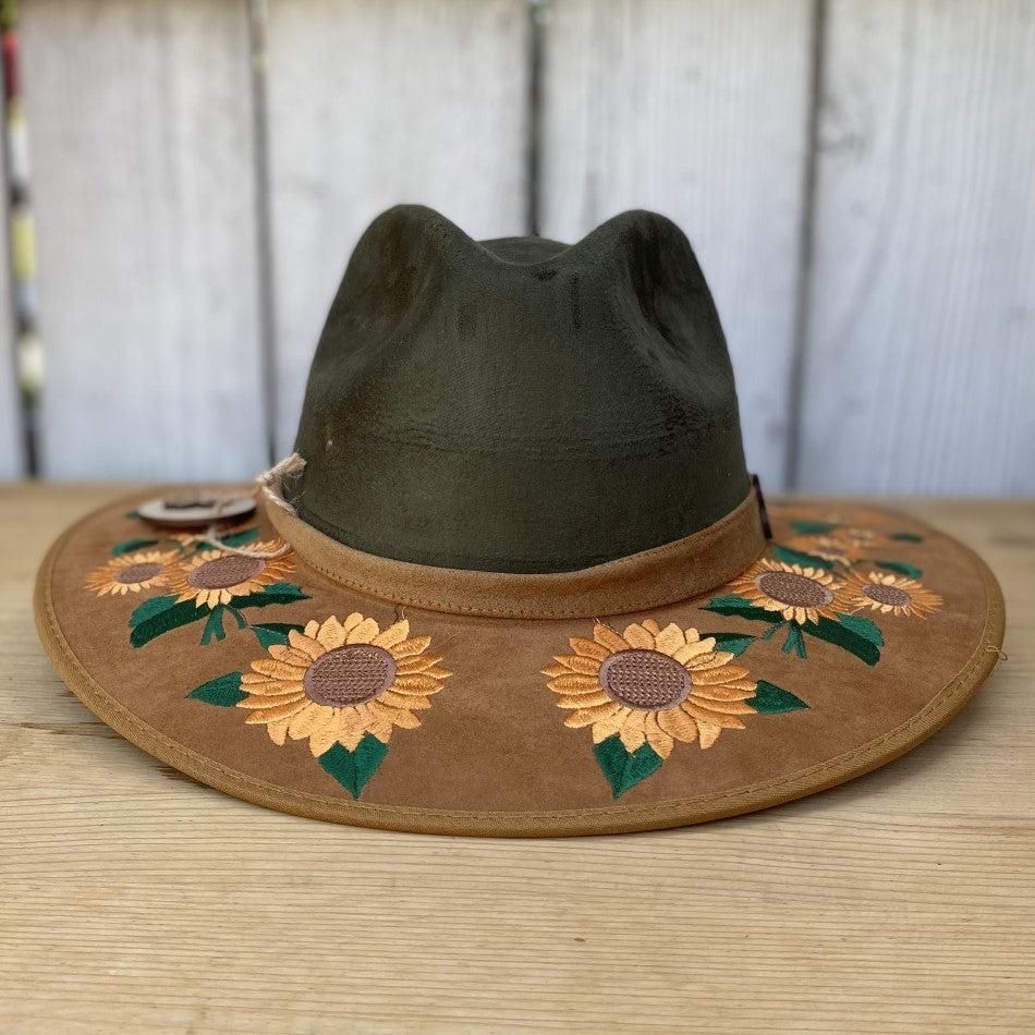 Sombrero de FIeltro con Girasoles - Sombrero para Mujer de Fieltro Verde Olivo - Sombrero Mexicano de Fieltro