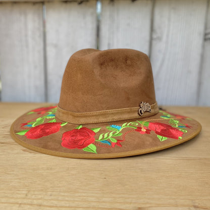 Sombrero de FIeltro Tan con Rosas - Sombrero para Mujer Mexicano de Fieltro - Sombreros de Fieltro