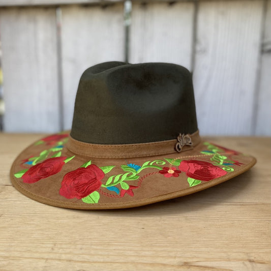 Sombrero de Fieltro para Mujer Verde Olivo con Rosas - Sombrero de Fieltro con Rosas para Mujer - Sombrero Mexicano de FIeltro para Mujer