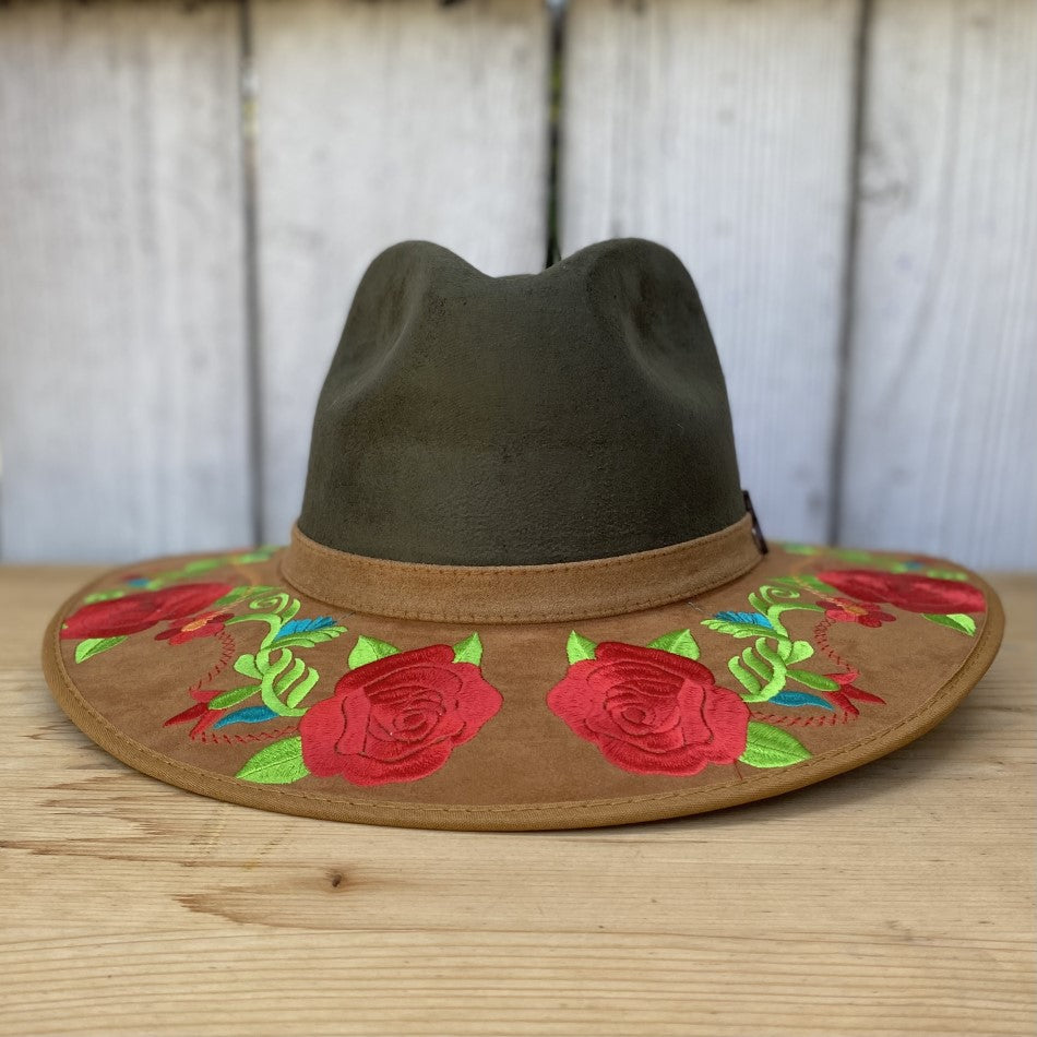 Sombrero de Fieltro para Mujer Verde Olivo con Rosas - Sombrero de Fieltro con Rosas para Mujer - Sombrero Mexicano de FIeltro para Mujer - Sombreros de Fieltro