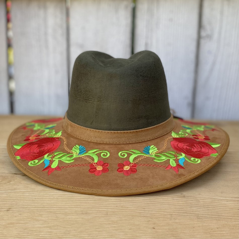Sombrero de Fieltro para Mujer Verde Olivo con Rosas - Sombrero de Fieltro con Rosas para Mujer - Sombrero Mexicano de FIeltro para Mujer - Sombreros de Fieltro